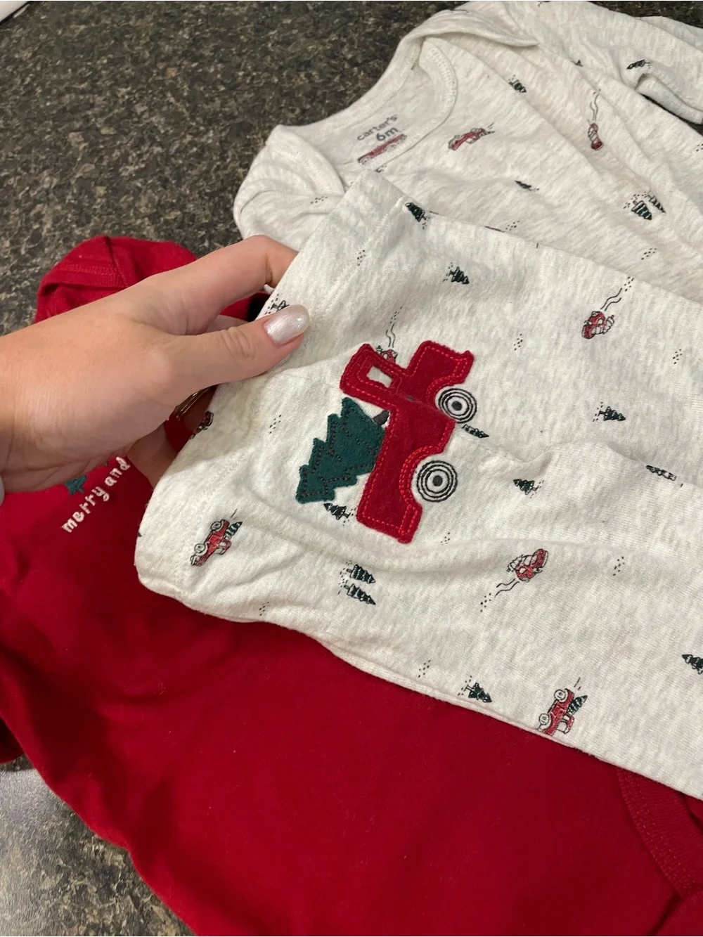 Carter's Red & Heather Gray Holiday One-Piece Set - Truck & Tree Print